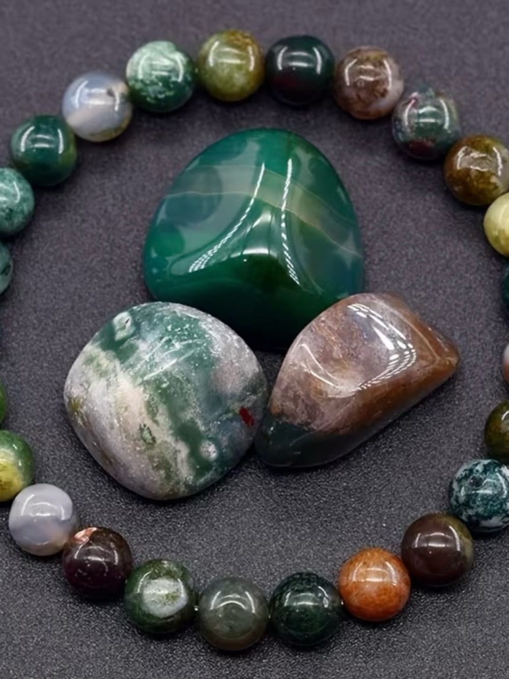 Polished Green Moss Agate Bead Bracelet and Tumbled Stone Set